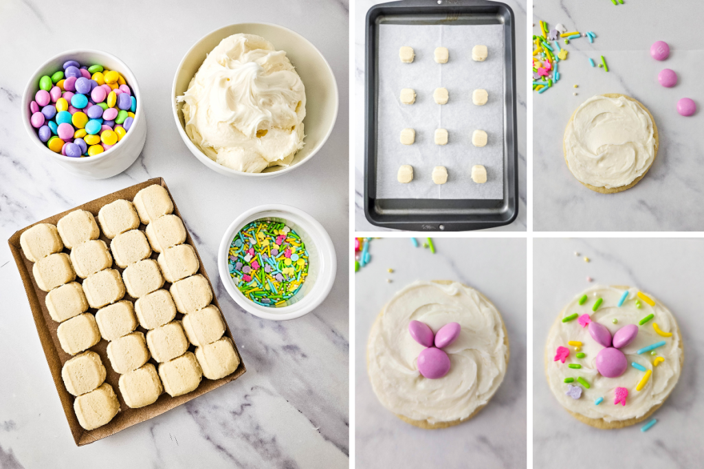 A collage of 5 images which shows the ingredients and steps from plain dough squares to finished decorated Bunny Easter Sugar Cookies with candy ears and sprinkles.