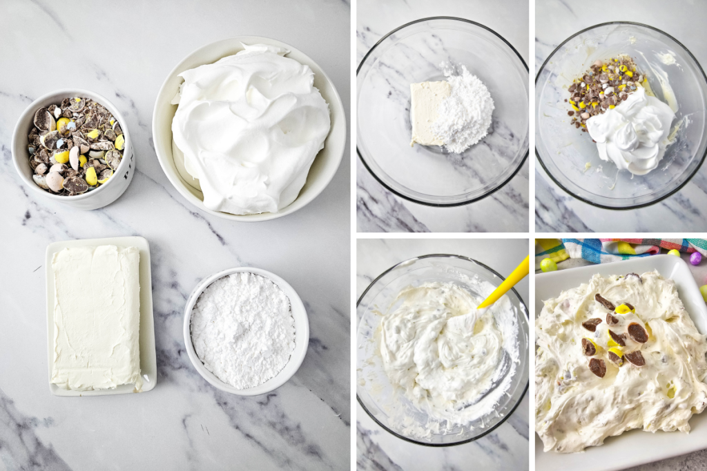 A collage showing ingredients like cream cheese and whipped topping, mixing the dip, and the final Cadbury Eggs Cheesecake Dip in a serving dish.
