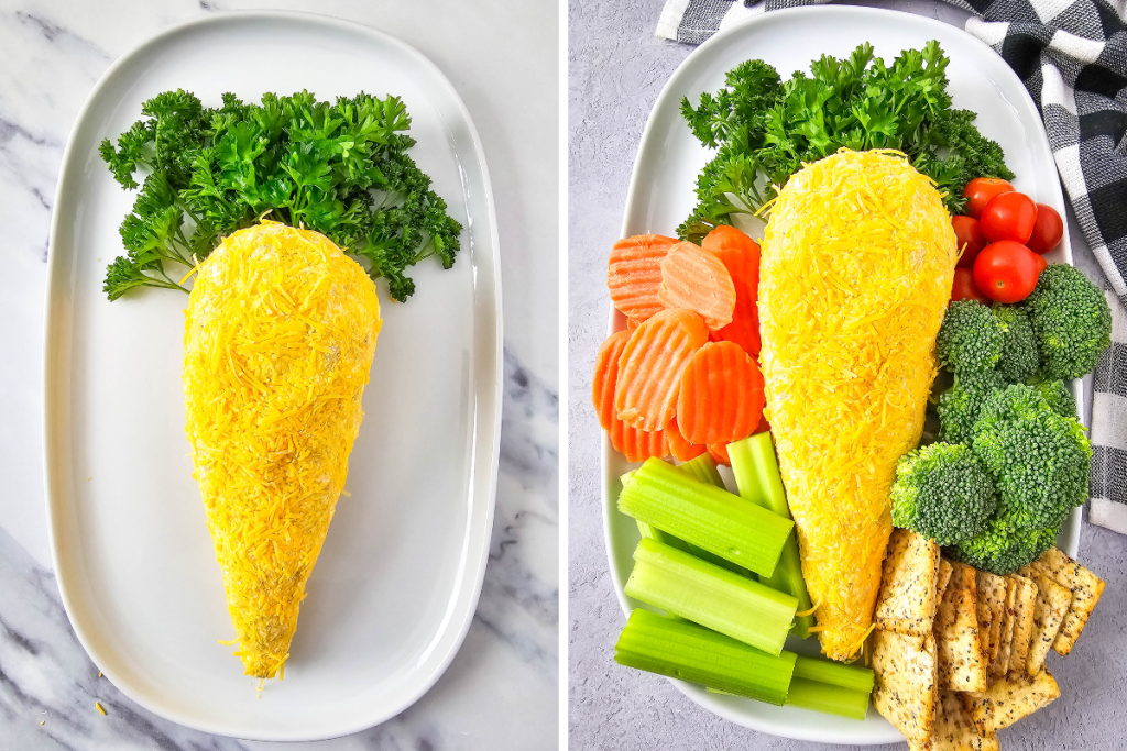 The completed Carrot Cheese Ball is decorated with parsley and served as a holiday party appetizer with raw vegetables and crackers.