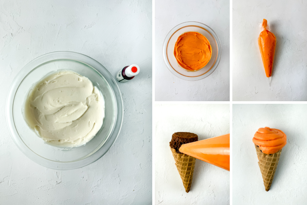 White frosting is dyed bright orange and piped onto the cooked cake in the wafer cone, making the carrot shape for the Carrot Top Cupcake Cones.