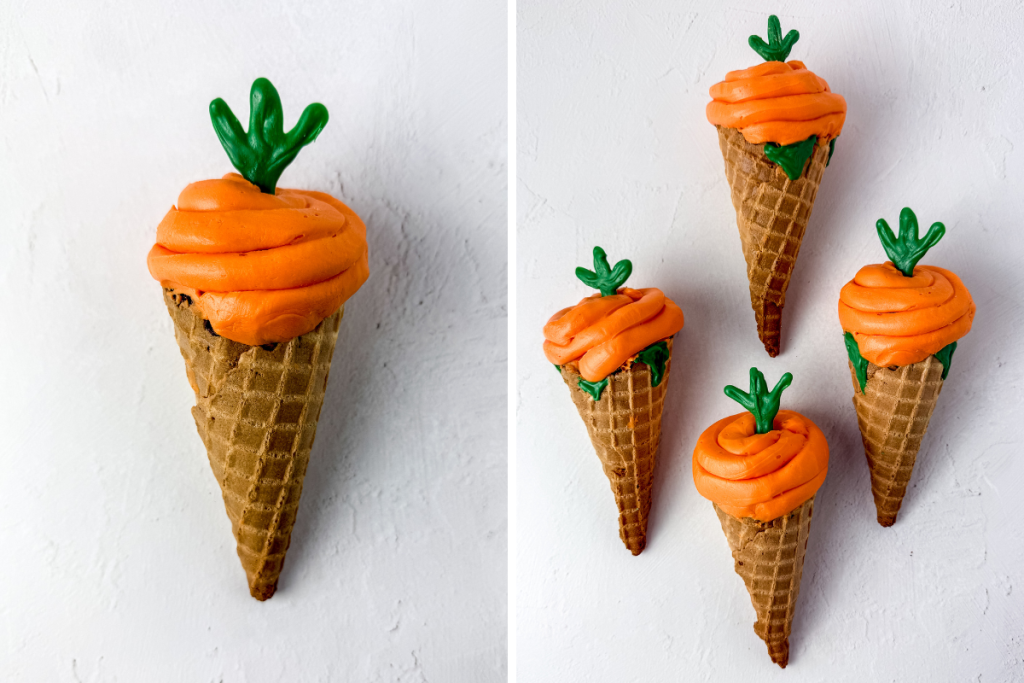 Delicious finished Carrot Top Cupcake Cones are displayed, topped with orange frosting and a bright green candy carrot stem decoration.