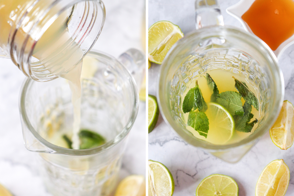 Lime juice and mint leaves are combined in a glass pitcher, with extra lime slices around the edge for the Classic Virgin Mojito Mocktail.