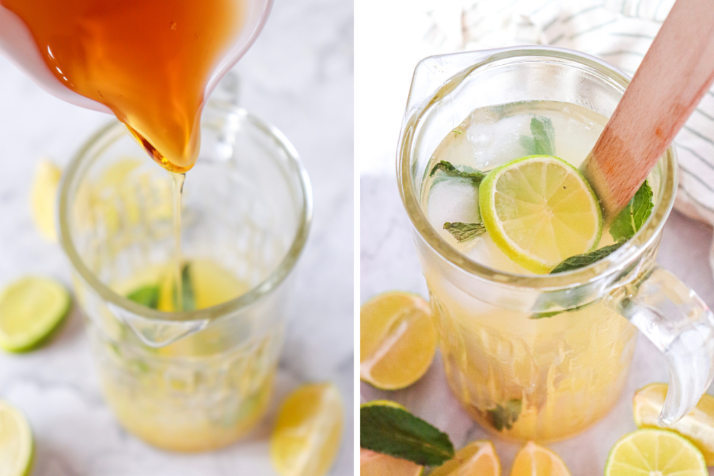 Pouring agave syrup into the pitcher containing the mint and lime, then stirring the ingredients to create the base for the Classic Virgin Mojito Mocktail.