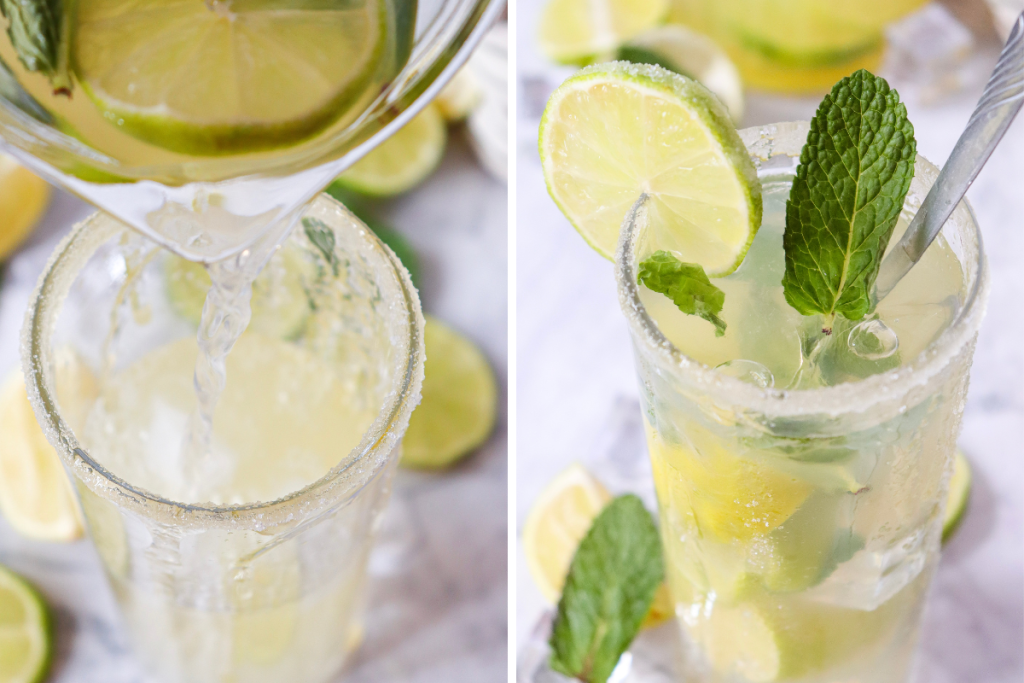 The Classic Virgin Mojito Mocktail is poured over ice into a sugar-rimmed glass, garnished with a lime slice and mint.