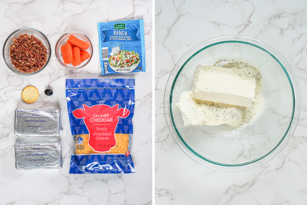 Cream cheese, ranch seasoning, bacon, cheddar, baby carrots, and an olive are ingredients next to cream cheese and ranch seasoning mixed in a bowl for the fun Easter Chick Cheese Ball.