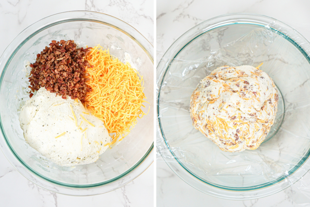 The cream cheese mixture is combined with shredded cheddar and bacon bits, then shaped into a large round ball for the Easter Chick Cheese Ball.