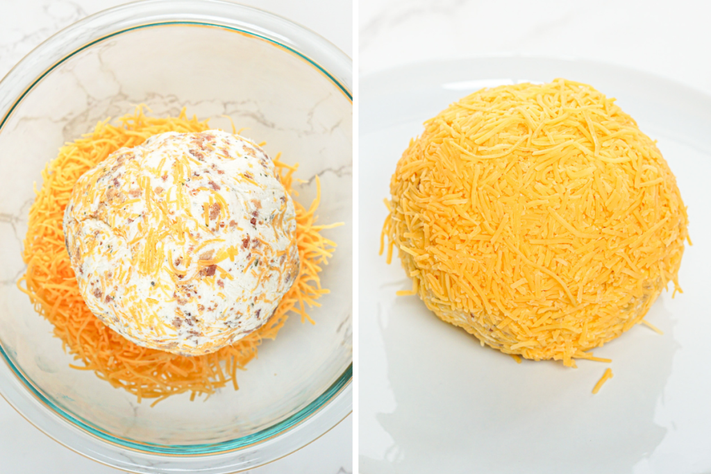 The mixed cheese ball is rolled in a bowl of shredded cheddar cheese to fully coat and resemble the fuzzy look of the Easter Chick Cheese Ball.