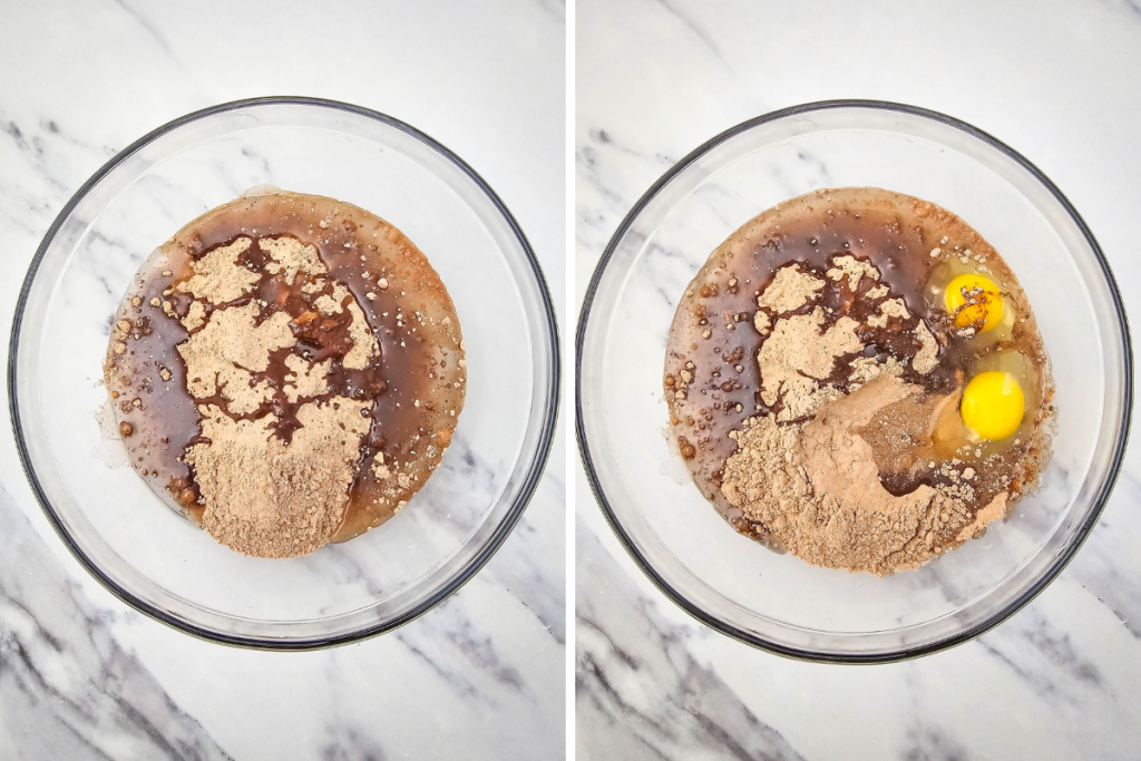 The first liquids and dry mix are in a bowl, then two yellow eggs are cracked into the mixture to make the batter for the Easter Robin Egg Brownies.