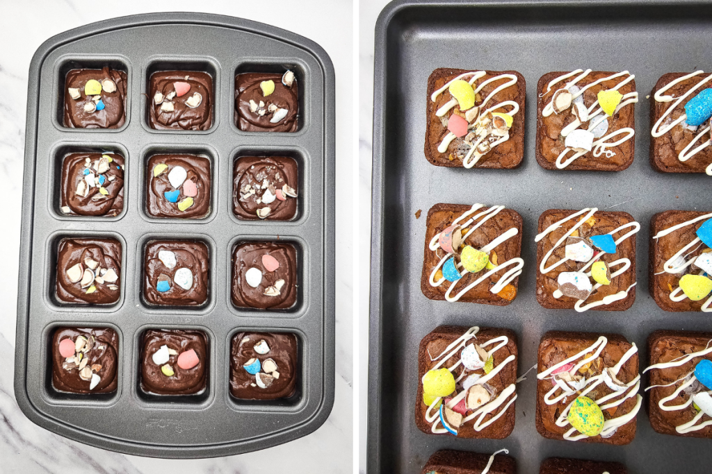 The brownie batter is topped with crushed candy before baking, then the finished Easter Robin Egg Brownies are drizzled with white chocolate.