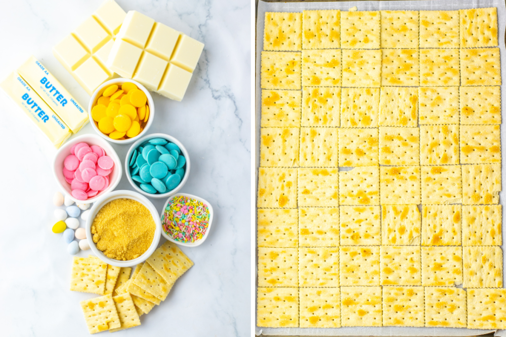 Ingredients like butter, white chocolate, candy melts, and saltine crackers are displayed, with crackers arranged on a baking sheet for Easter Toffee Crack.