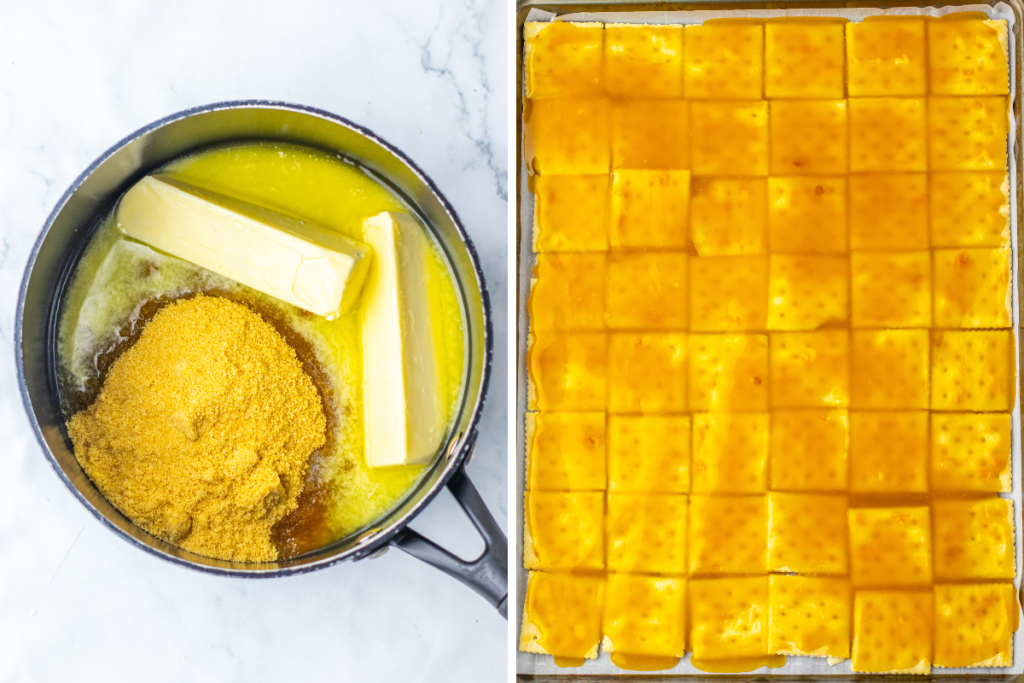 Butter and brown sugar are melted in a pot, then the cooked mixture is poured over the crackers to form the toffee base for the Easter Toffee Crack.