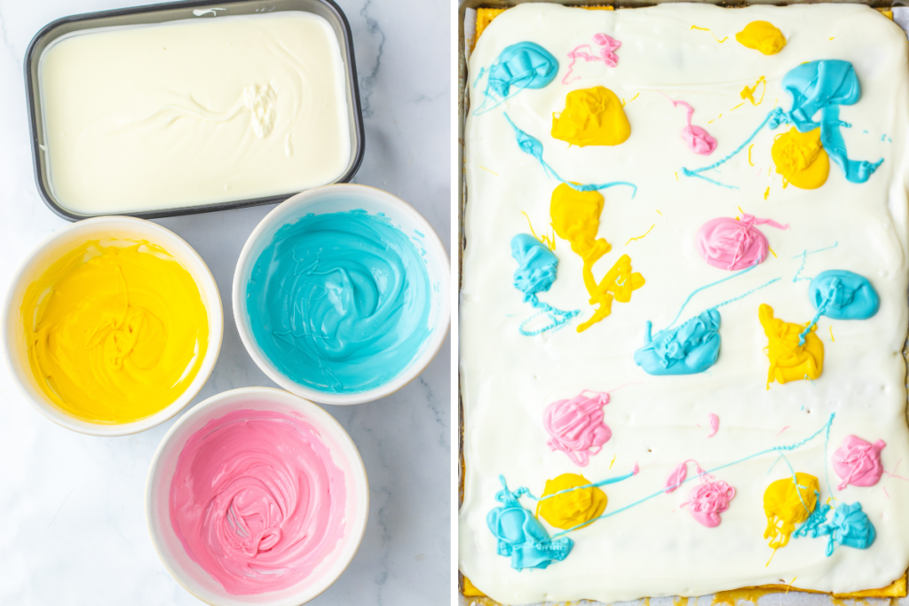Melted white chocolate covers the toffee, and separate bowls of melted pink, yellow, and blue candy are shown for decorating the Easter Toffee Crack.