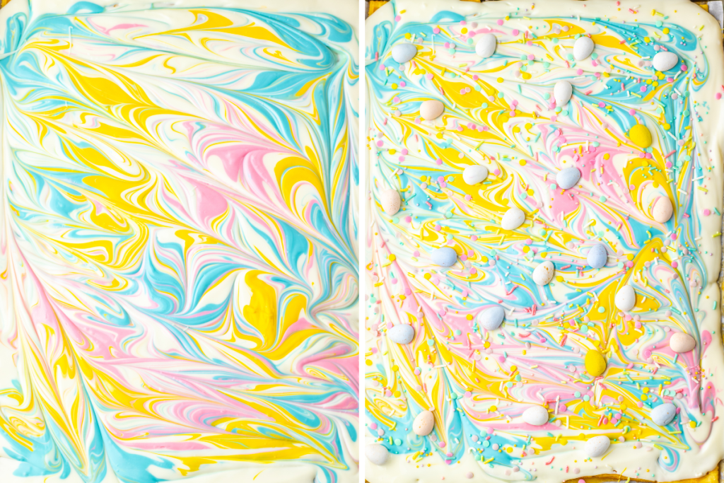 Pink, yellow, and blue melted candies are swirled into the white chocolate, then topped with pastel eggs and sprinkles for the Easter Toffee Crack.