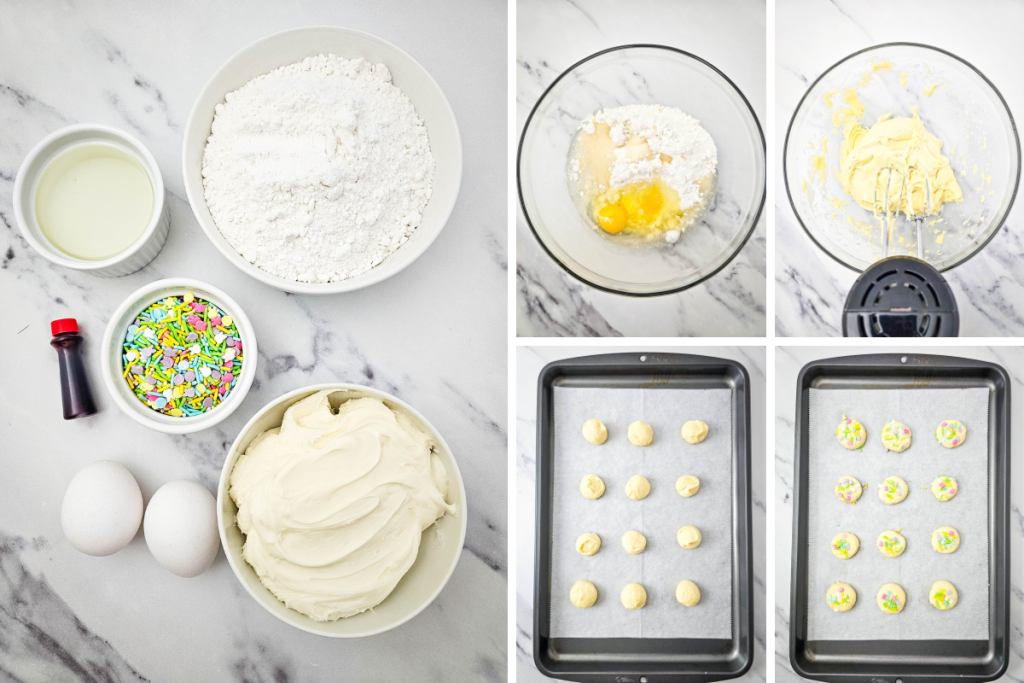 Ingredients like flour, eggs, oil, and sprinkles are shown, along with the process of mixing the cookie batter and scooping it onto a baking sheet for Easter Whoopie Pies.