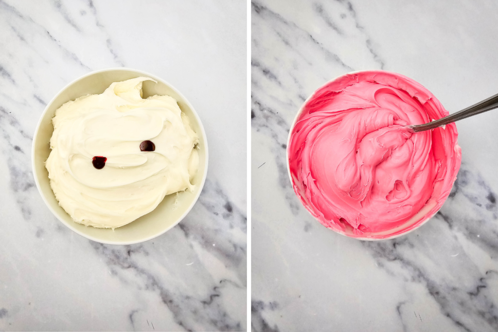 White vanilla frosting is colored with red food dye, creating a vibrant pink filling for the festive Easter Whoopie Pies.