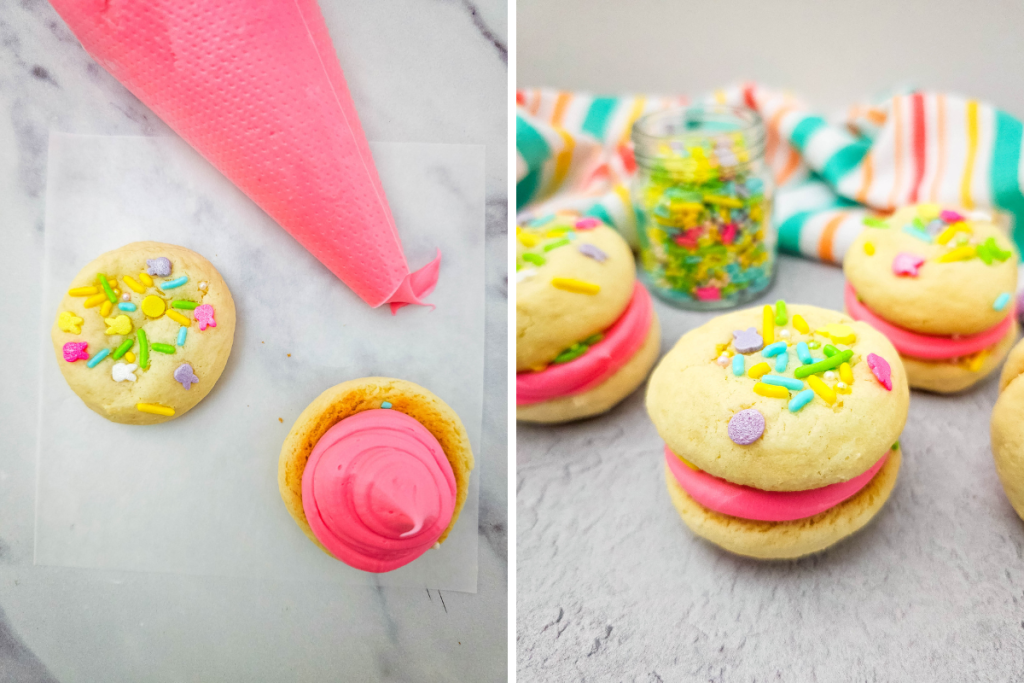 Pink filling is piped onto the bottom cookie, then topped with another cookie with colorful sprinkles to complete the sweet Easter Whoopie Pies.