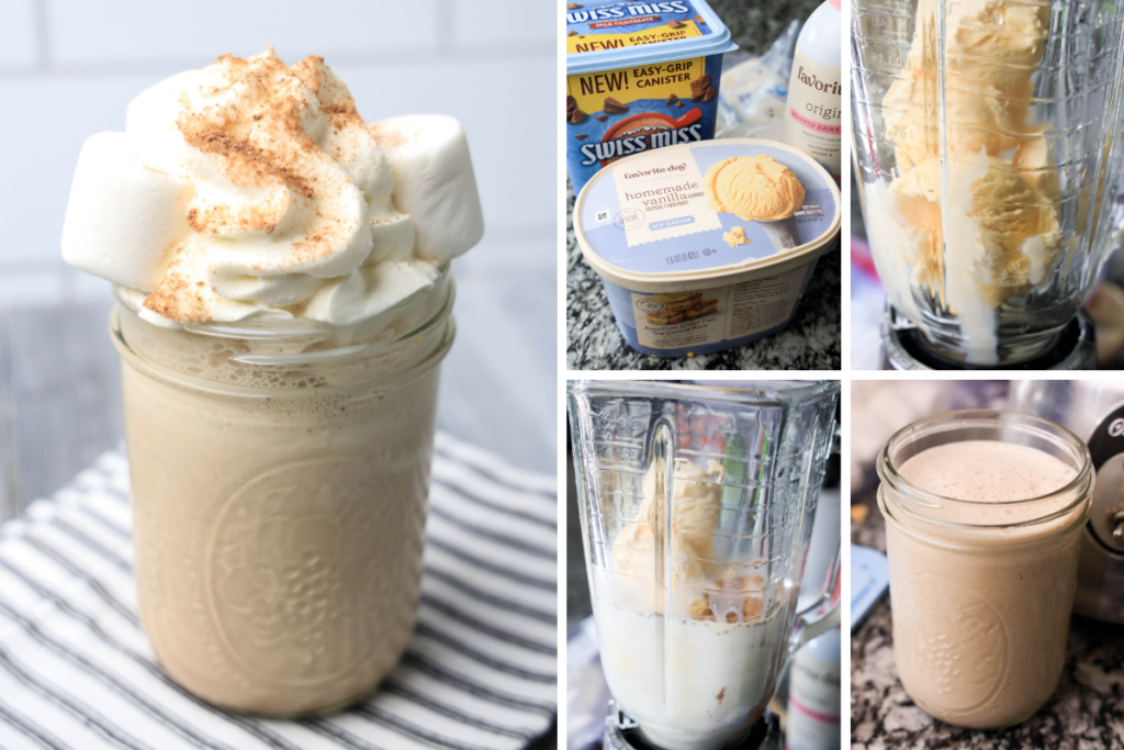 A collage showing the process of blending vanilla ice cream, hot chocolate mix, and milk to make a finished, whipped-cream-topped Hot Chocolate Milkshake.