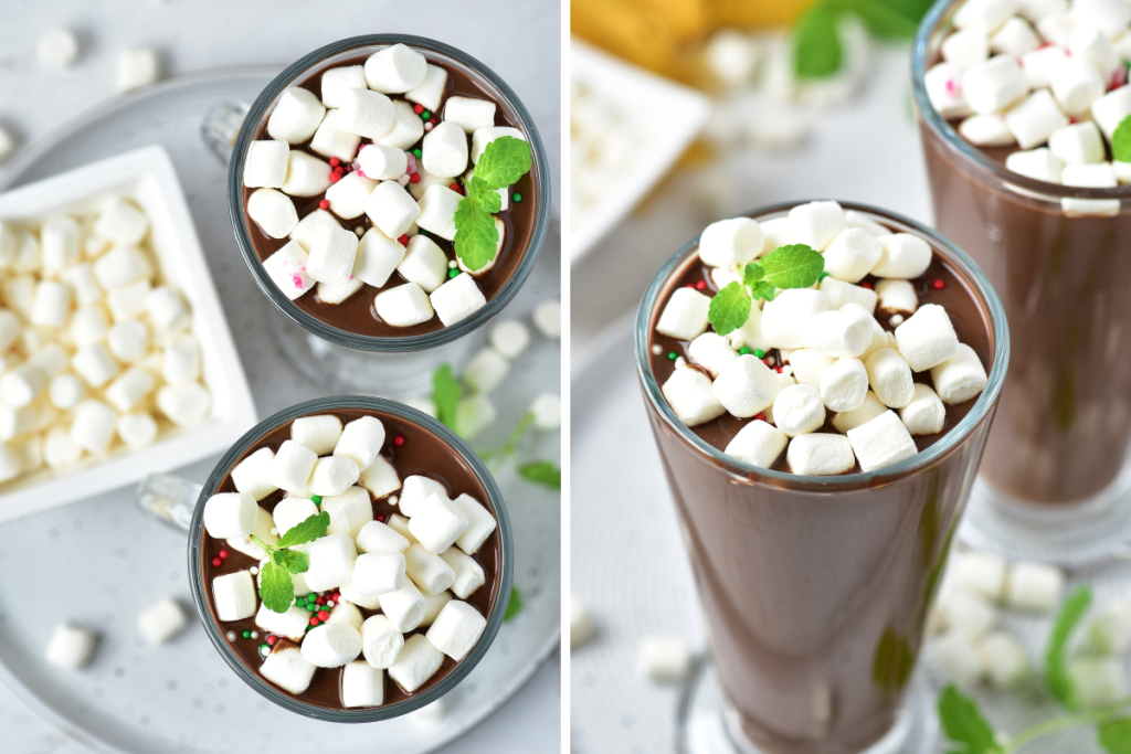 Two glasses of finished, warm Instant Pot Peppermint Hot Chocolate topped generously with mini marshmallows, sprinkles, and a mint leaf.