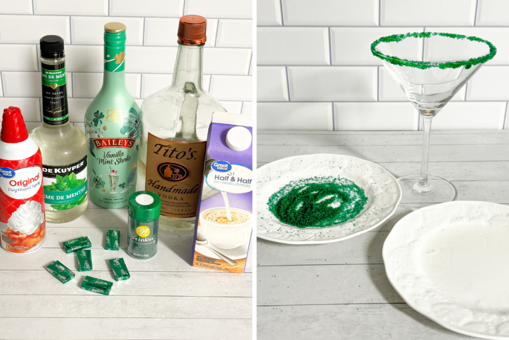 Ingredients for the Mint Martini, including liqueurs and vodka, laid out next to a martini glass with a green sugar-rim garnish.