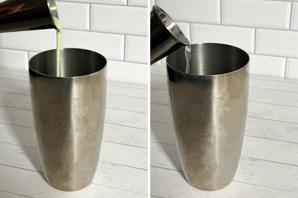 Pouring the mint-flavored liqueur and other clear ingredients from a jigger into a stainless steel cocktail shaker for the Mint Martini.