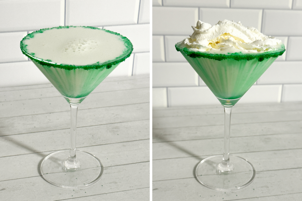The Mint Martini is shown poured into a garnished glass, first with a smooth surface, then topped with whipped cream.