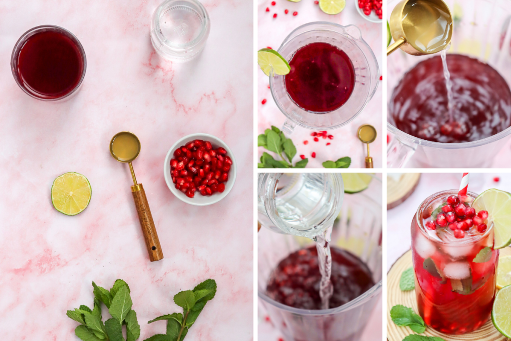 Steps for the Pomegranate Fizz Mocktail, showing pomegranate juice, lime, and mint being mixed in a pitcher with sparkling water and served with ice.