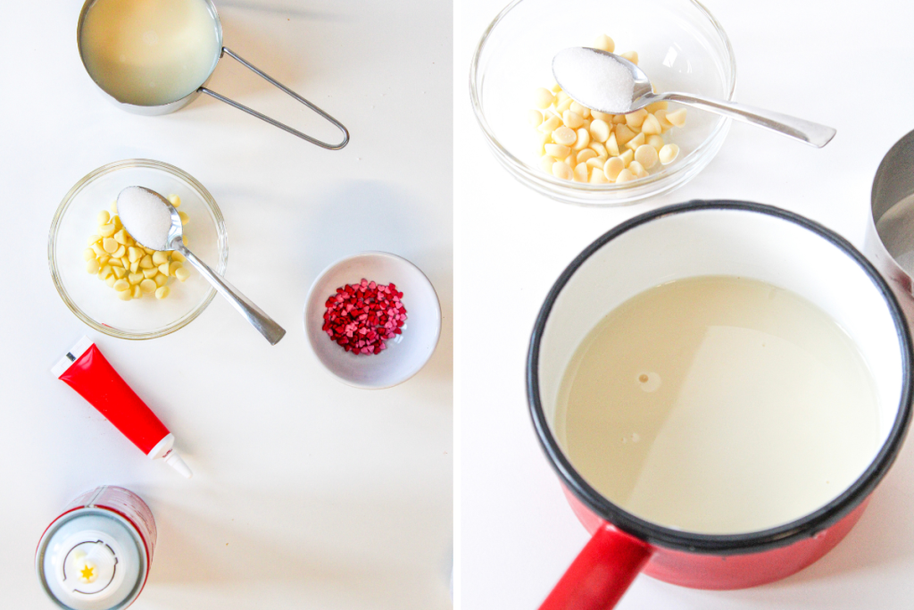 Overhead view of ingredients like white chocolate chips, sugar, and red food coloring for making Red Velvet Hot Chocolate.