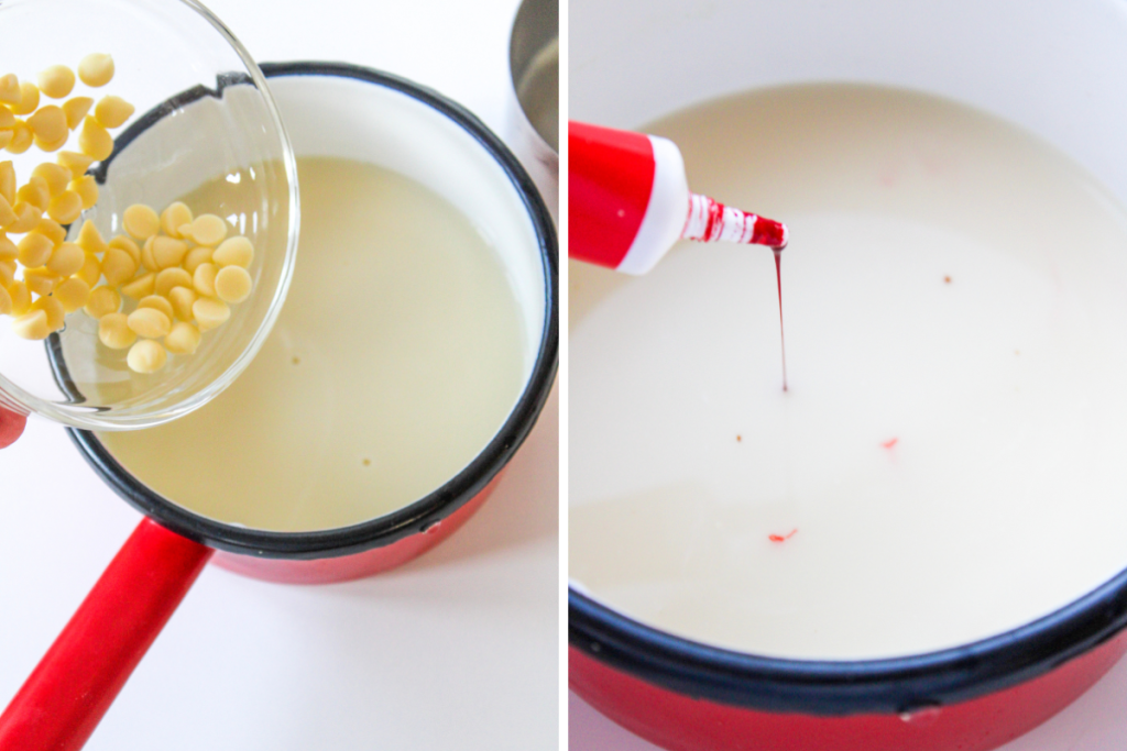 Process shot for Red Velvet Hot Chocolate showing white chocolate chips and a drop of red food coloring being added to a pot of milk.