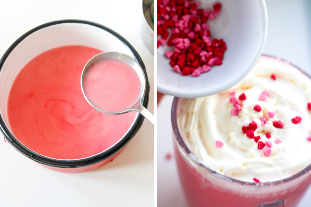 Steps for Red Velvet Hot Chocolate showing the pink liquid being stirred and heart sprinkles being added to the whipped cream topping.