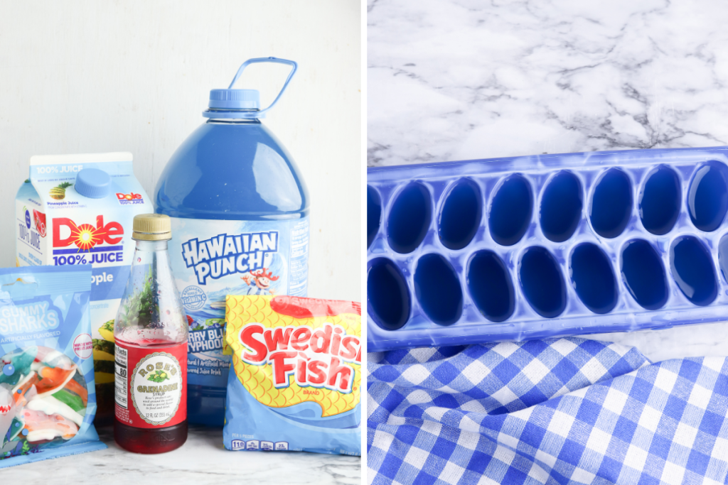 Ingredients for Shark Attack Slush including blue punch, red syrup, pineapple juice, Swedish Fish, and blue punch liquid in an ice cube tray.