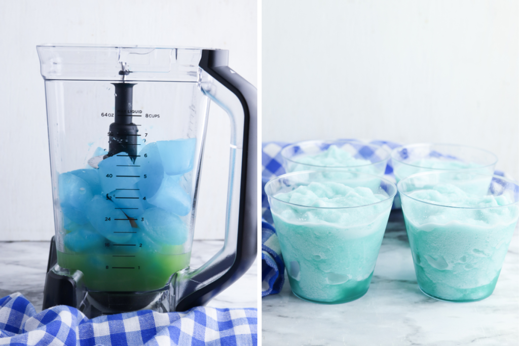 Steps for Shark Attack Slush showing blue ice cubes blended with pineapple juice and blue food coloring, resulting in four cups of blue slush.