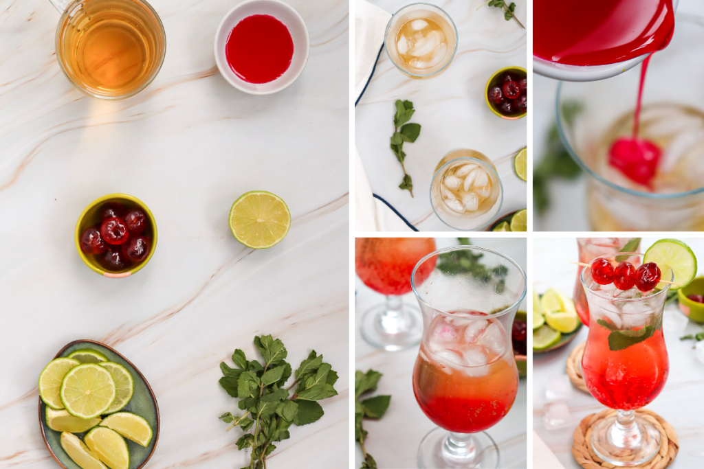 Process photos showing ingredients and steps for making a classic and refreshing Shirley Temple Mocktail with ginger ale, lime, mint, Maraschino cherries and grenadine syrup.