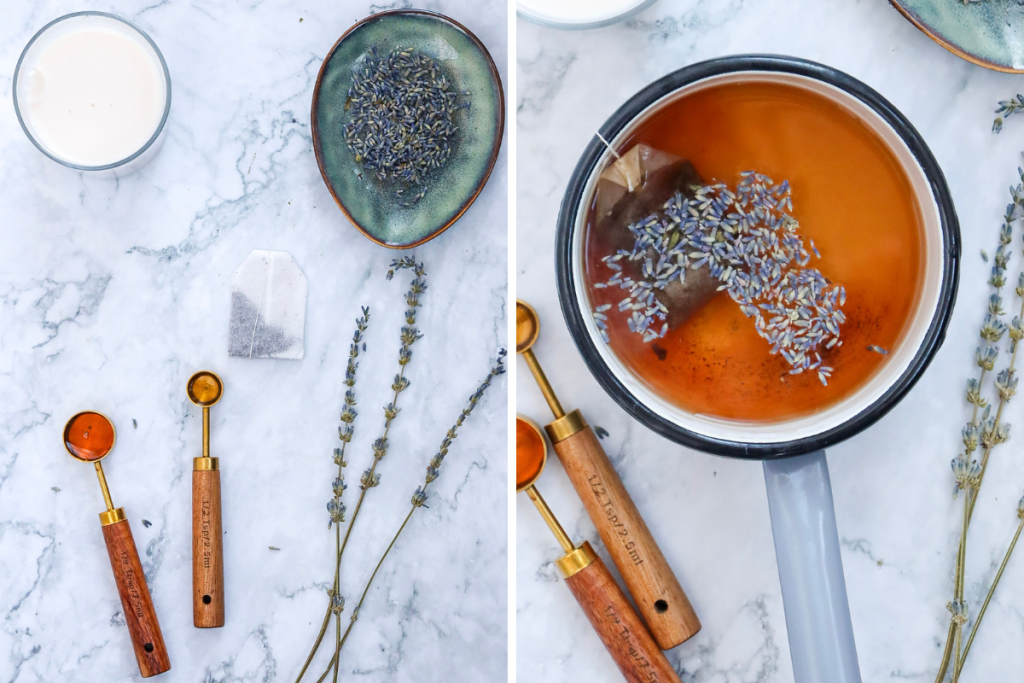 Ingredients for a Starbucks London Fog Latte including dried lavender, a tea bag, and the brewing tea with lavender in a small pot.