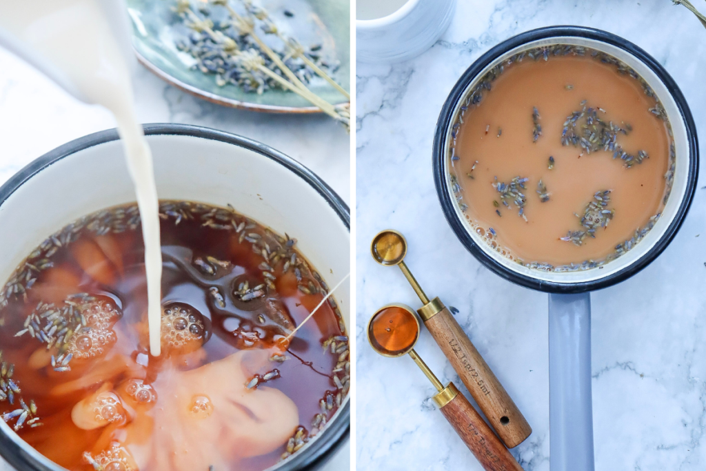 Milk being poured into the hot tea and lavender mixture, an essential step when making a creamy Starbucks London Fog Latte.