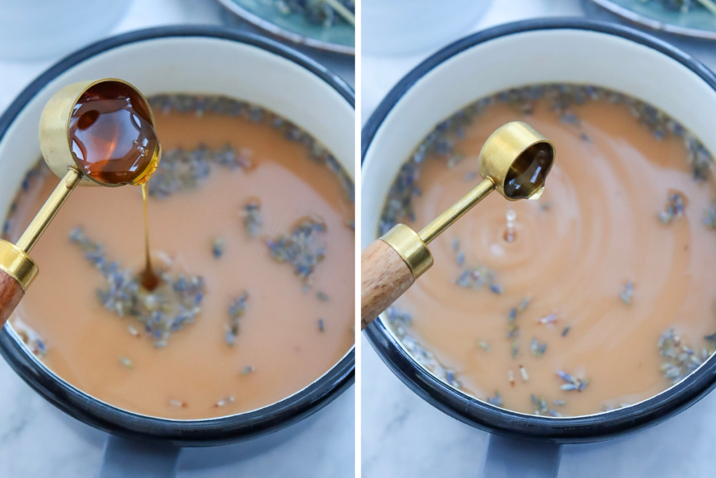 Adding honey and vanilla extract with a wooden spoon to the simmering tea mixture for the Starbucks London Fog Latte.