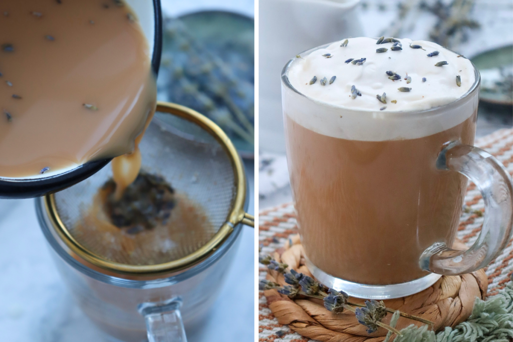 Straining the steeped lavender tea and the finished, foamy Starbucks London Fog Latte garnished with dry lavender buds.
