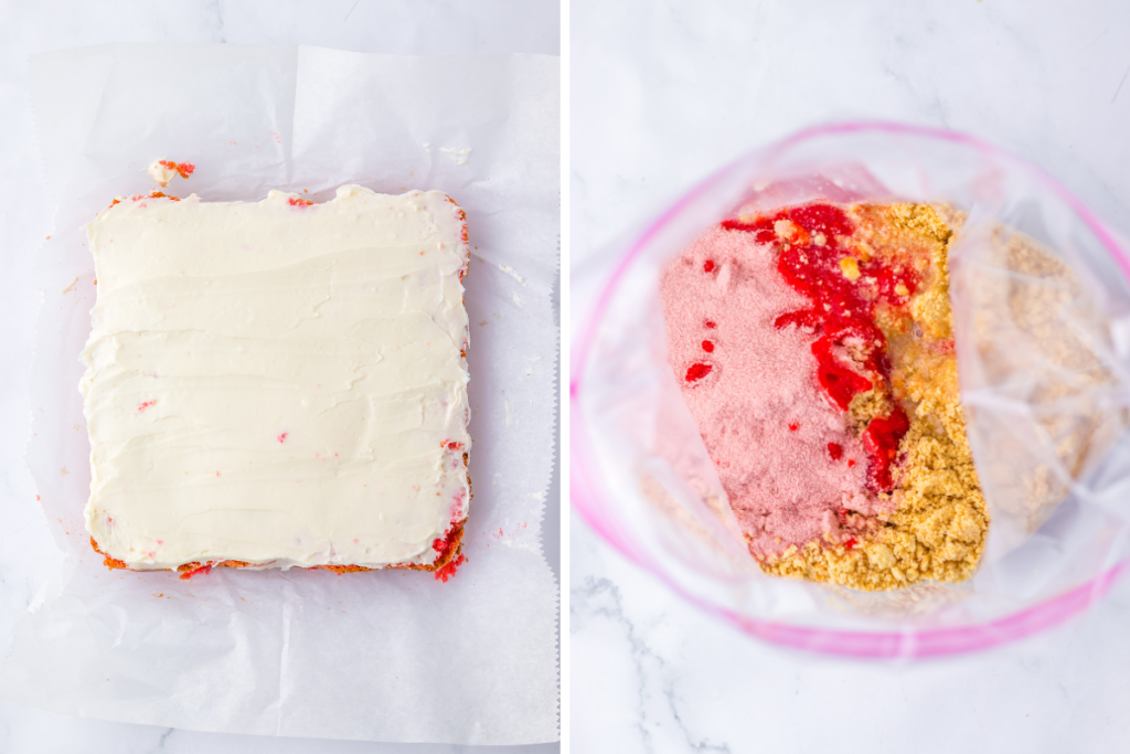 Left image shows a layer of white cheesecake frosting spread evenly over the red brownie base; right shows crushed cookies, pink cake mix, and melted butter being mixed for the Strawberry Cheesecake Brownies crumble topping.