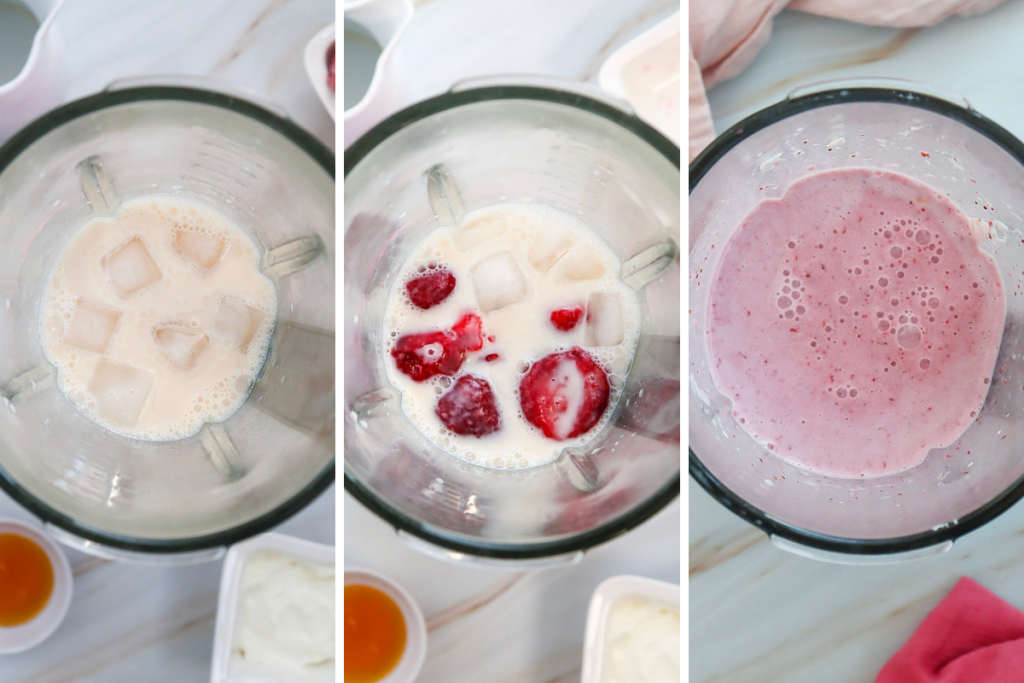 Three-step process showing blending milk, ice, cream cheese, and strawberries to create the pink mixture for the Strawberry Cheesecake Frappuccino.