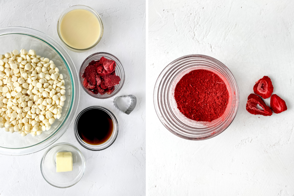 Essential ingredients for Strawberry Cream Fudge are displayed, followed by the initial step of crushing freeze-dried strawberries then put in a bowl.