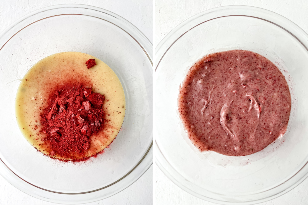 Freeze-dried strawberry powder is mixed into the melted white chocolate base, transforming the mixture into a thick, smooth, pink batter for the Strawberry Cream Fudge.