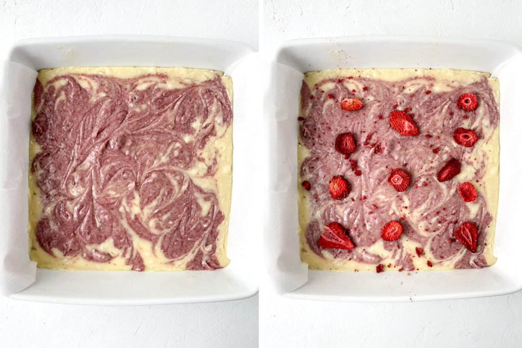 The pink and white fudge batters are swirled together in a baking dish to create a marble effect, then topped with dried strawberry pieces for the Strawberry Cream Fudge.