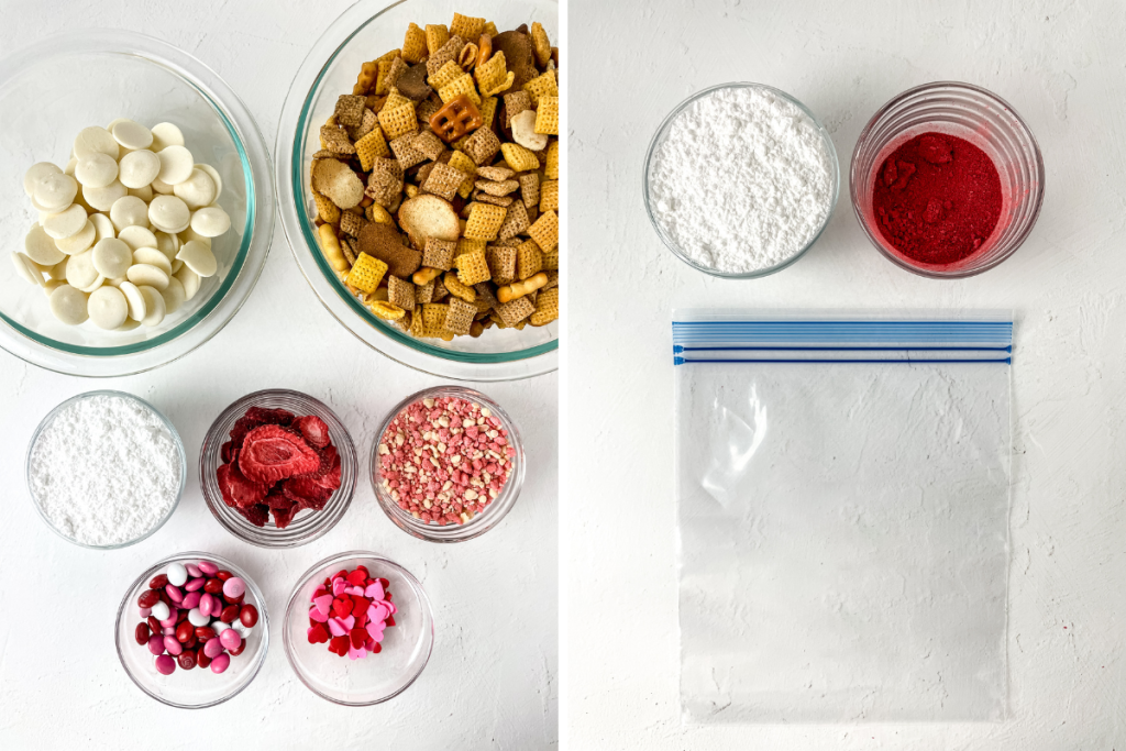 Laying out all the raw ingredients for the Strawberry Crunch Party Mix, including cereal, white chocolate, and powders for the pink coating and final candies.