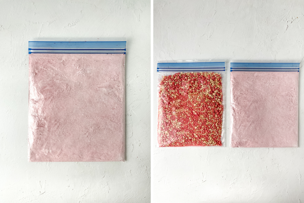 Preparing the pink coating: one bag holds the fine powder mix, and a second bag contains the strawberry crumbles used to create the Strawberry Crunch Party Mix.