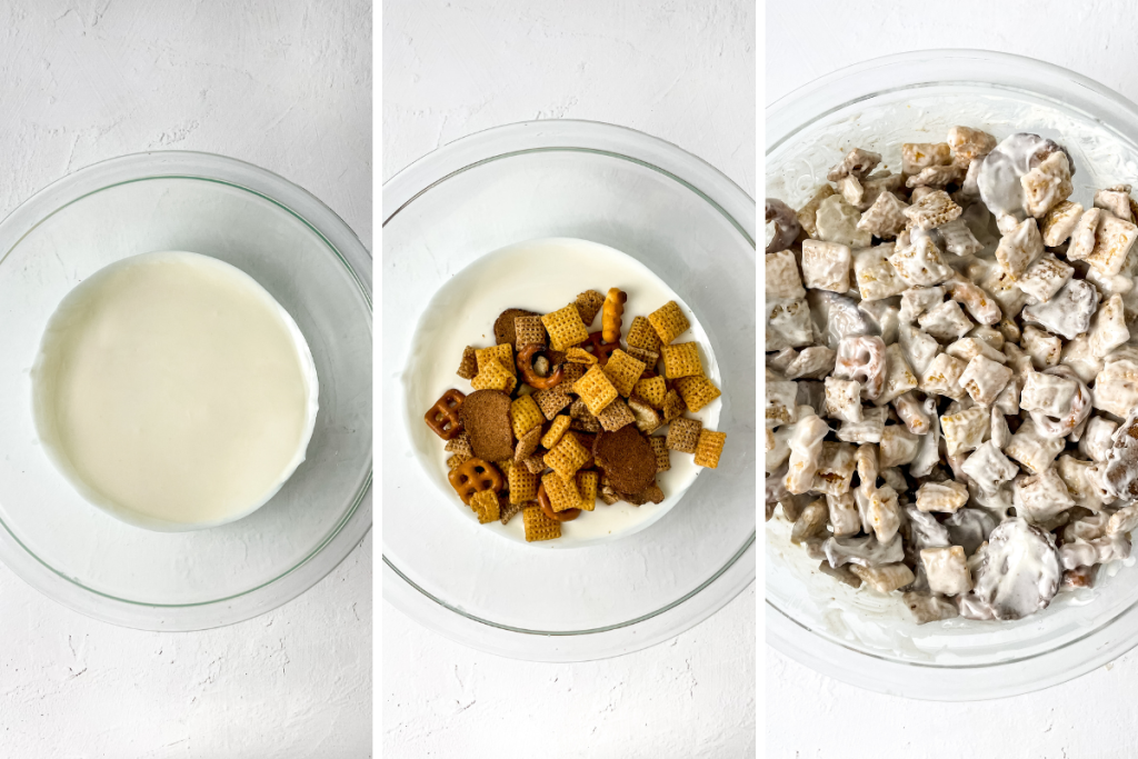 The process of covering the cereal in a bowl of melted white chocolate, ensuring the mixture is evenly sticky for the final coating of the Strawberry Crunch Party Mix.