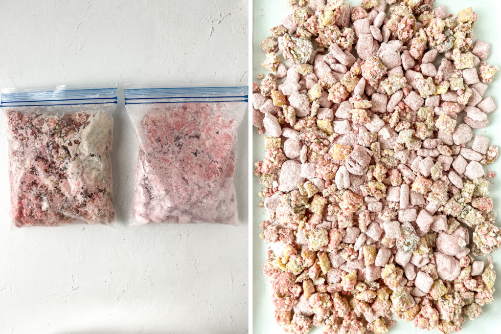 Shaking the cereal in the pink powder mixture and revealing the fully coated, pink-dusted, and flavorful clusters of the homemade Strawberry Crunch Party Mix.