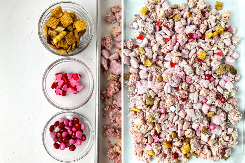Adding sprinkles and candies to the coated cereal, which is spread on a tray to cool and fully set the crunchy texture of the Strawberry Crunch Party Mix.