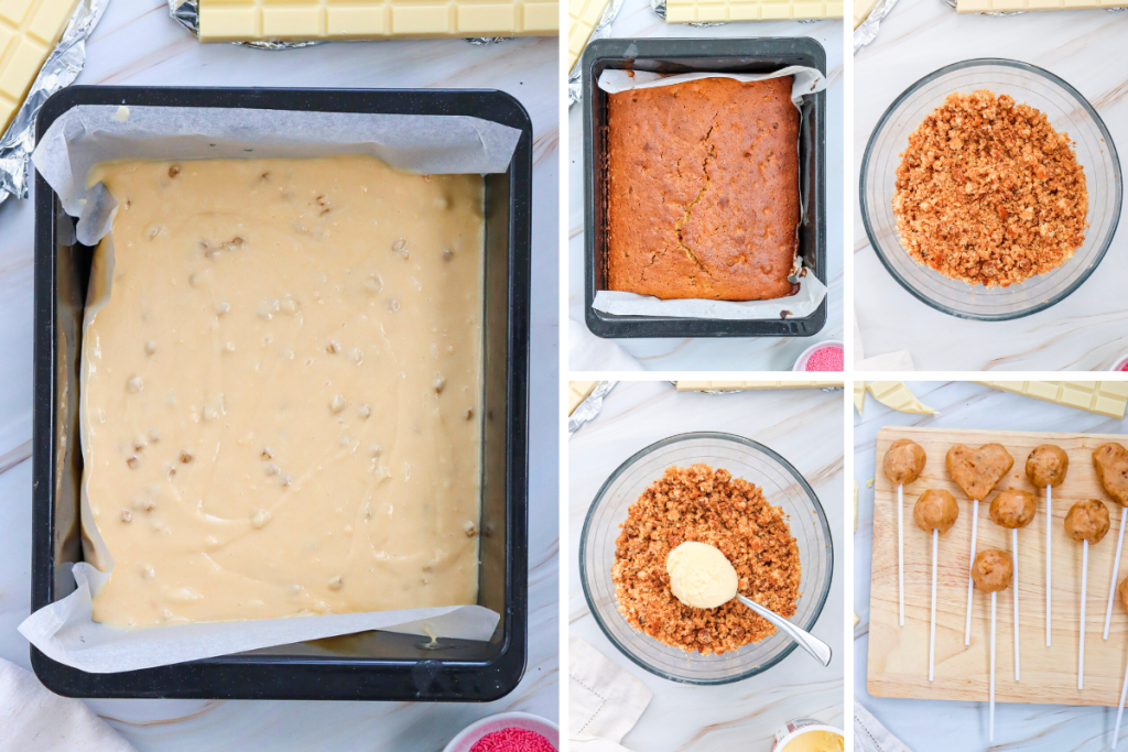 The process of baking cake, crumbling it, mixing it with frosting, and rolling the dough into balls and hearts for the Valentine's Cake Pops.