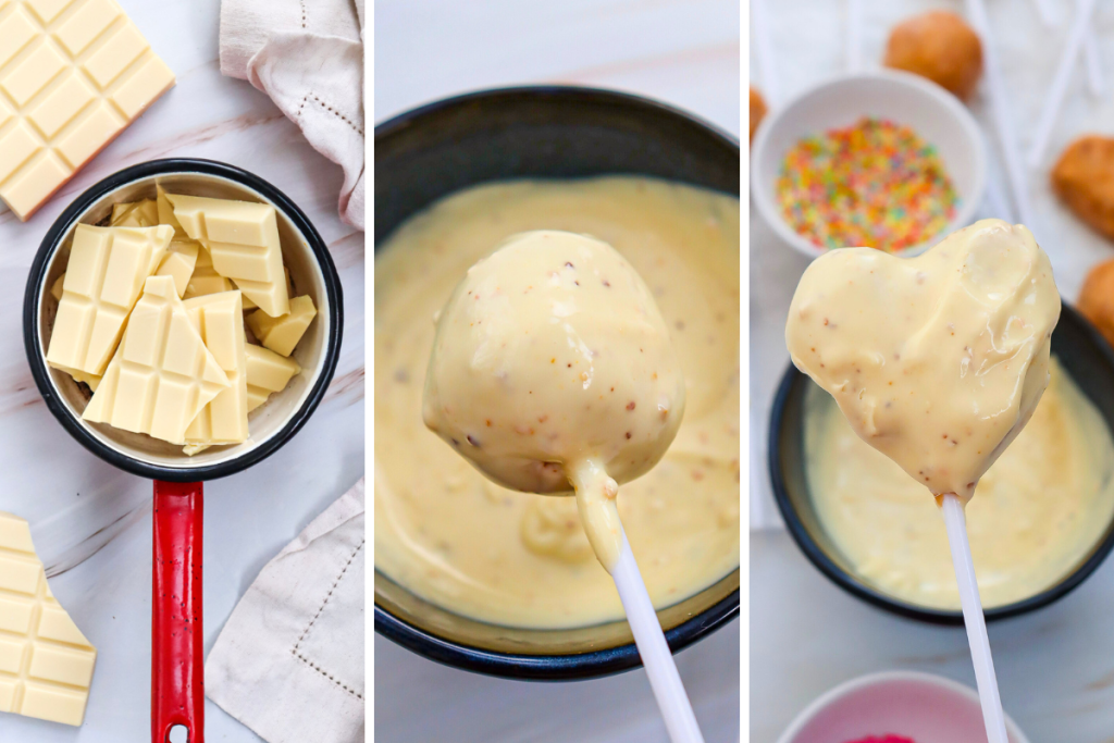 Melting white chocolate and dipping a round cake pop and a heart-shaped cake pop to coat them for the final decoration of the Valentine's Cake Pops.