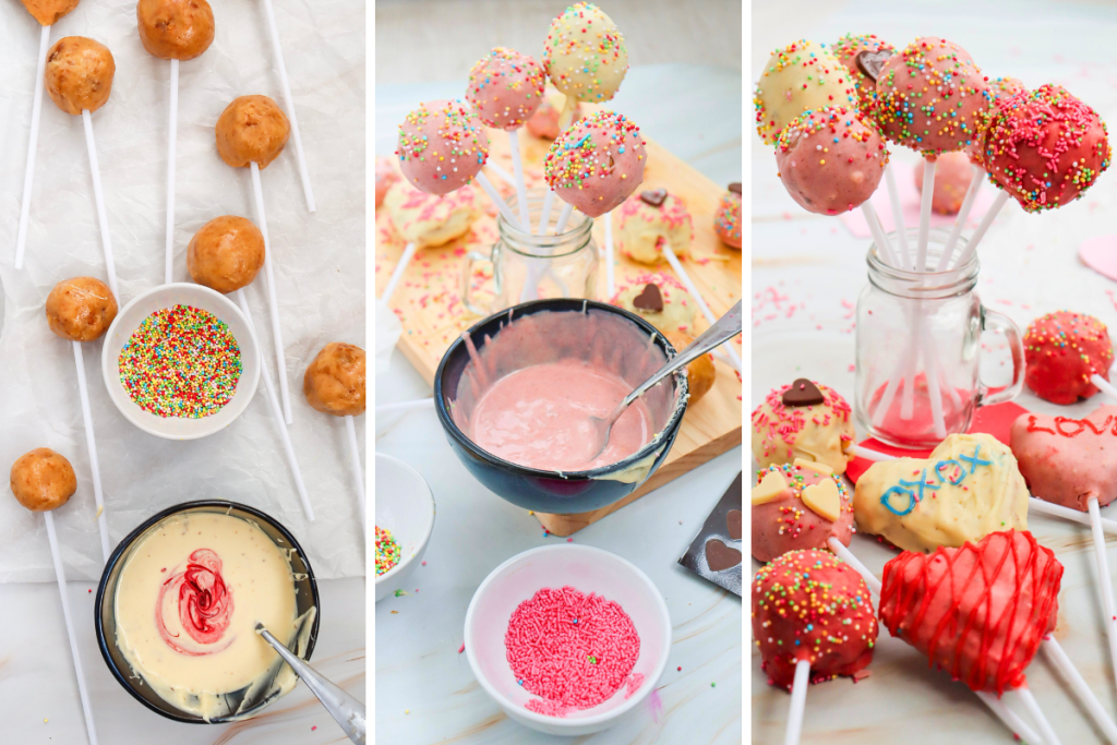 The completed Valentine's Cake Pops are decorated with colorful sprinkles and designs, ready to be served and enjoyed.