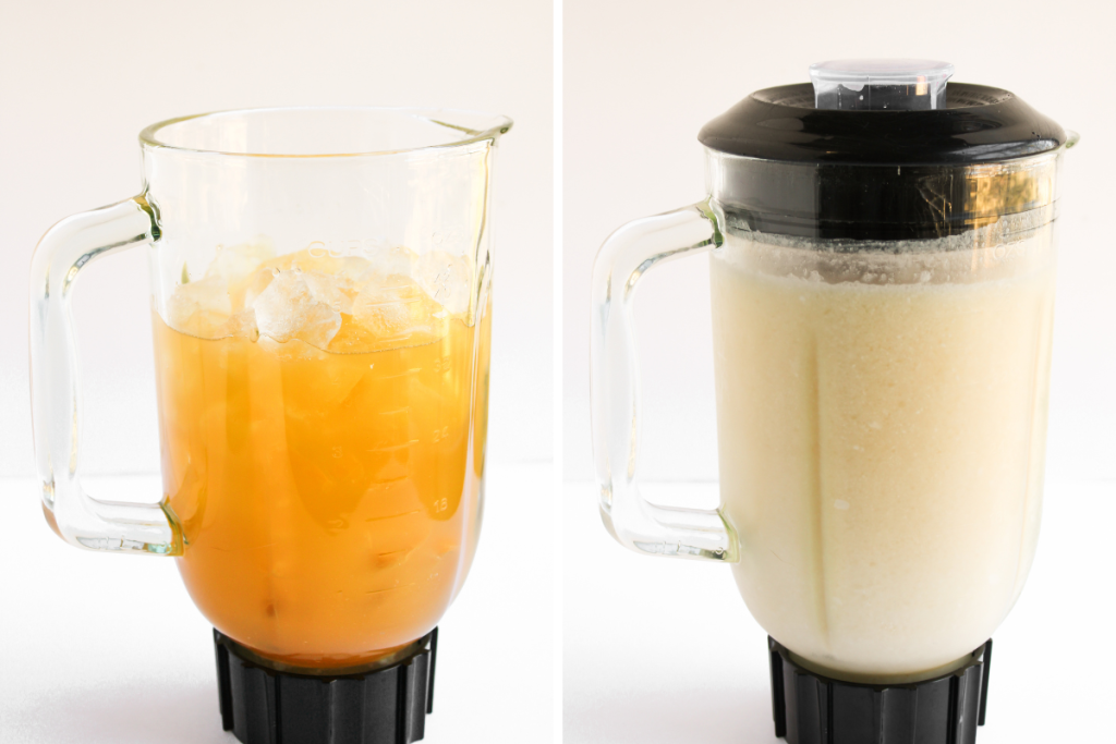 Process photo showing the ingredients being combined in a blender, followed by the smooth, creamy consistency of the Virgin Piña Colada.